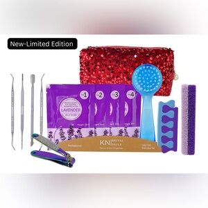 Holiday Lavender Pedicure Set in Red Velvet Sequins Makeup Bag